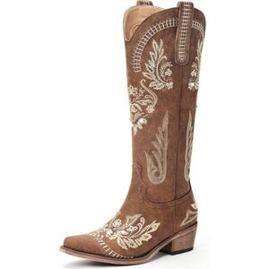 Cowboy Boots Women Brown Polyurethane (PU) Wide Calf Knee High Boots